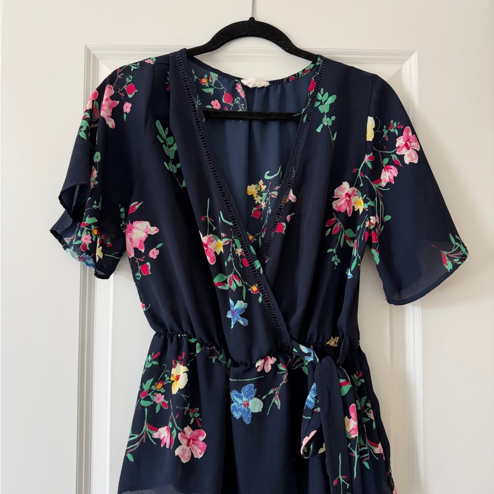 Navy Floral Wrap Top with Pink & Blue flowers